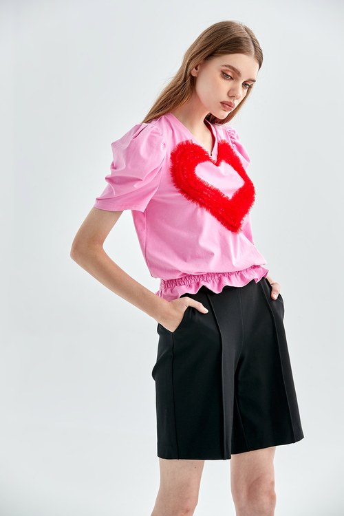 Pink Puff Sleeves Top With Pleated Ruffle Heart Detail,Pink