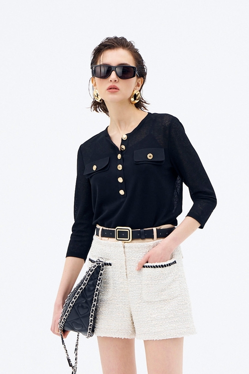 Contrast Metal Button Black Top,Chiffon