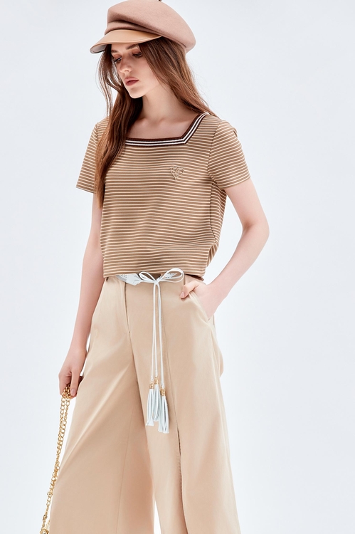 Brown Stripe Short Sleeve Top,Stripe