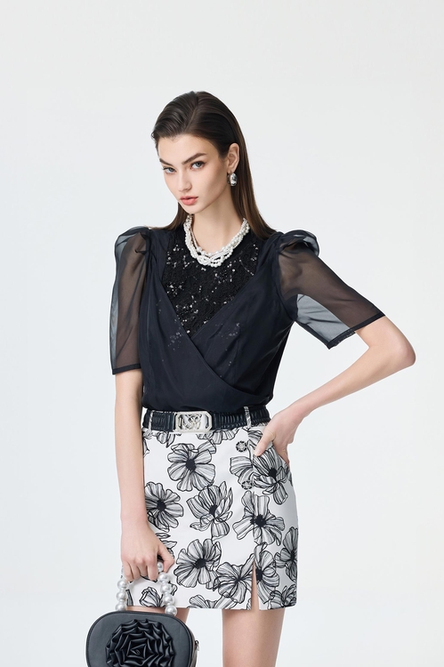 Sequin Detail Organza Top,Office Looks