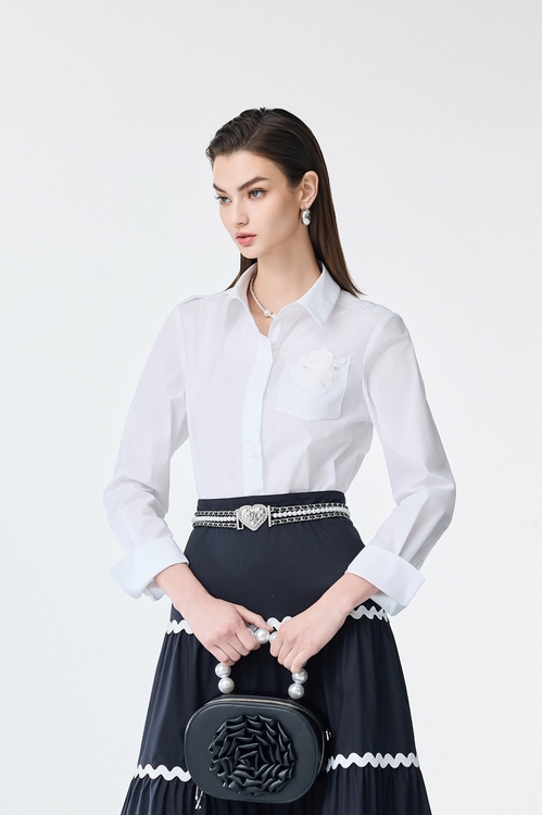 Embroidery Rose Detail Blouse,Office Looks