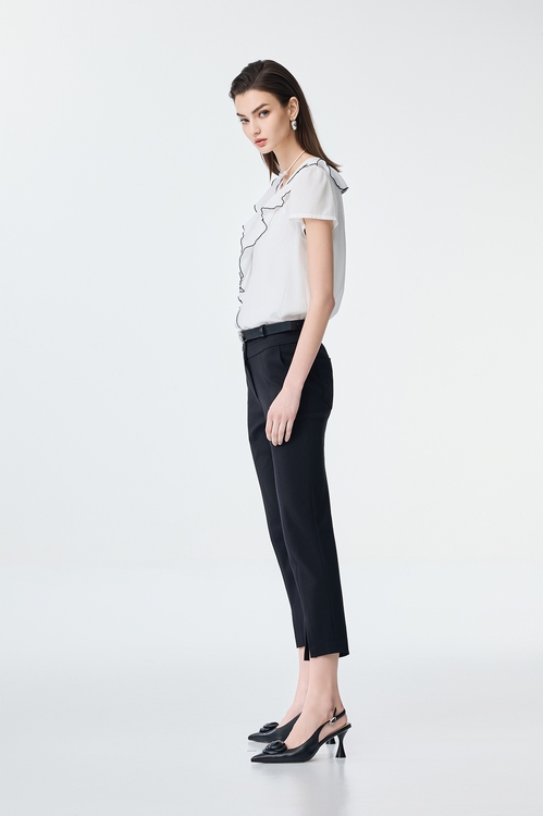 Black Trim Ruffle Detail Top,Office Looks