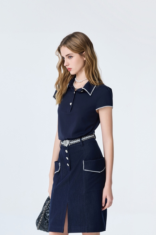 Embroidery Trim Detail Navy Top,Embroidered,Embroidered