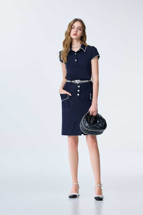 Embroidery Trim Detail Navy Top,Embroidered,Embroidered