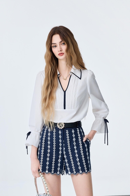 Contrast Navy Trim Detail Long Sleeve Top,White tops,White tops