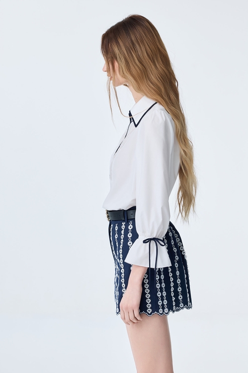 Contrast Navy Trim Detail Long Sleeve Top,White tops,White tops