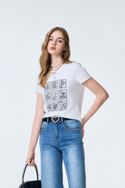 Floral Graphic Print Short Sleeve Tee,Embroidered,Embroidered