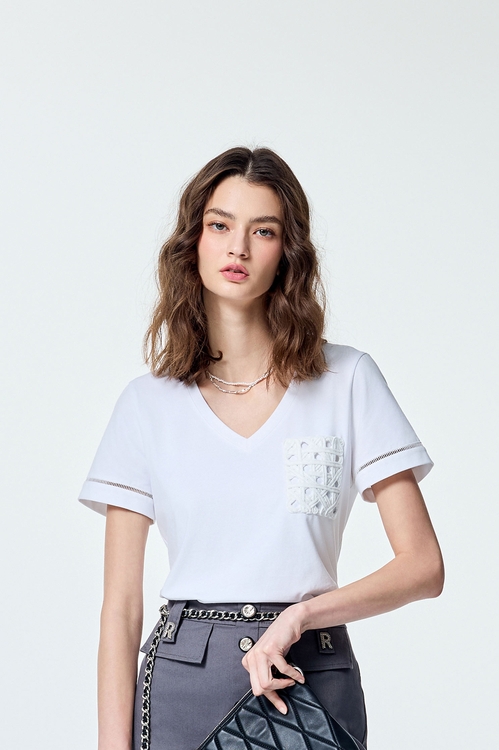 Weaved Pocket Detail Short Sleeve Tee,Tops