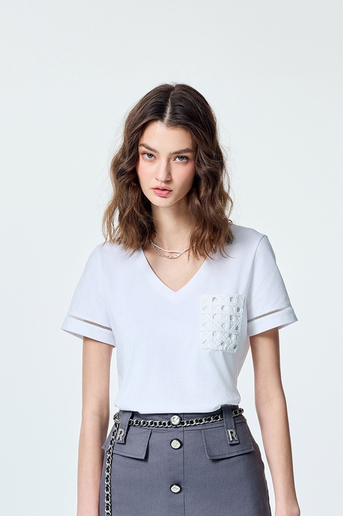Weaved Pocket Detail Short Sleeve Tee,Tops