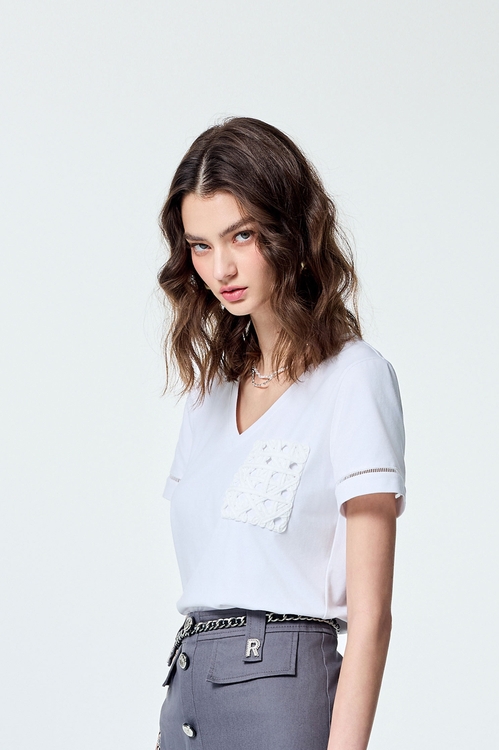 Weaved Pocket Detail Short Sleeve Tee,Tops