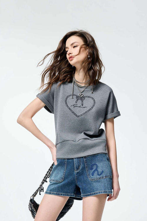 Heart Embroidery Graphic Grey Tee,Tops