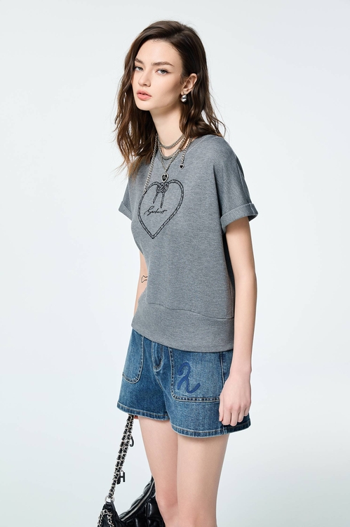 Heart Embroidery Graphic Grey Tee,Tops