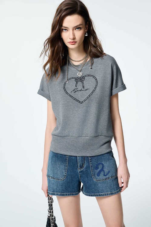 Heart Embroidery Graphic Grey Tee,Tops