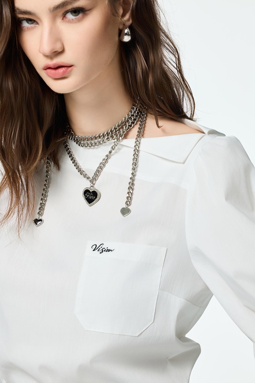 Boat Neckline With Foldover Collar Top,Tops