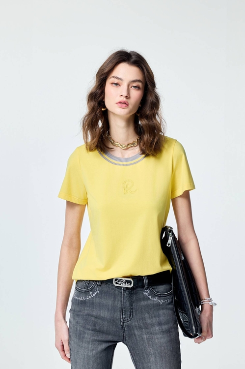 Contrast Rib Neckline Yellow Tee,Tops