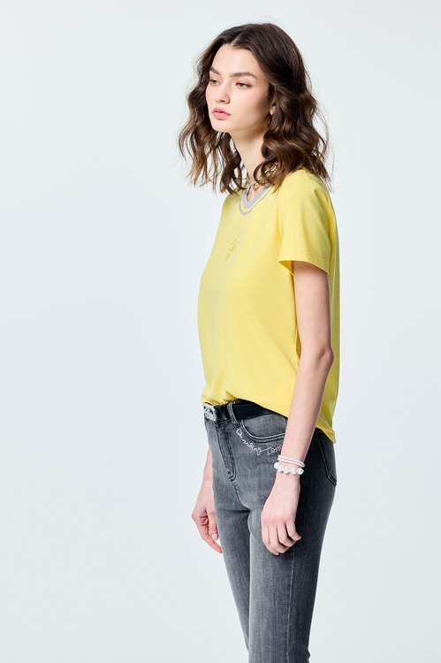 Contrast Rib Neckline Yellow Tee,Tops