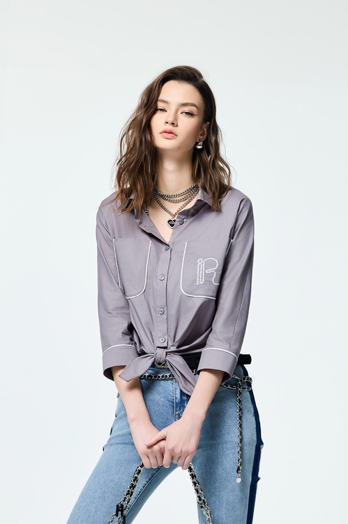 Front Knot Patch Pocket Grey Blouse,Tops