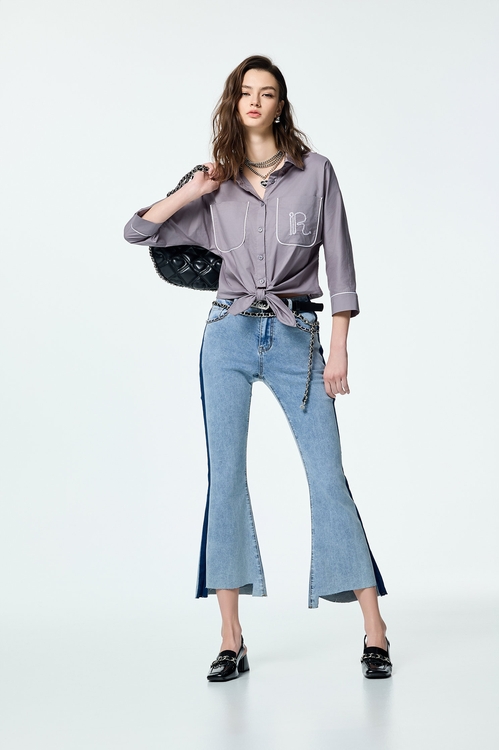 Front Knot Patch Pocket Grey Blouse,Tops
