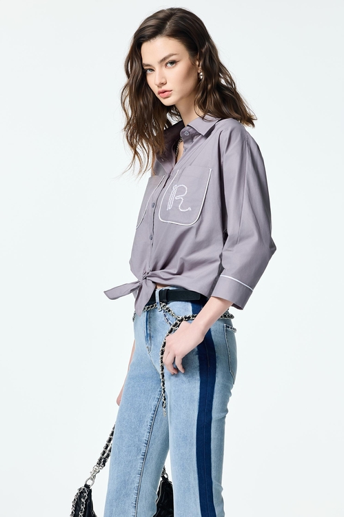 Front Knot Patch Pocket Grey Blouse,Tops