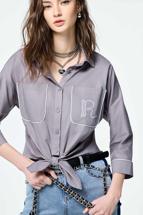 Front Knot Patch Pocket Grey Blouse,Tops