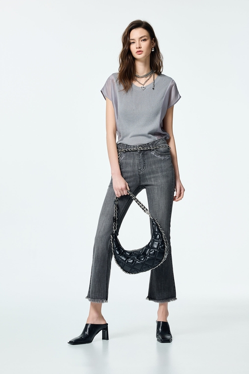 Knit With Woven Mix Fabric Grey Top,Knitted
