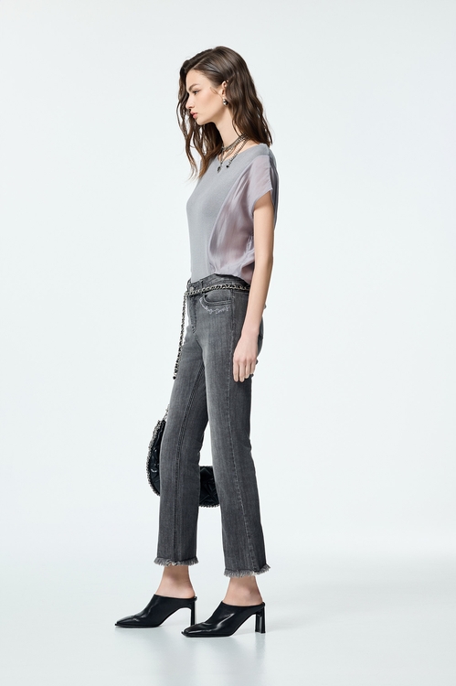 Knit With Woven Mix Fabric Grey Top,Knitted