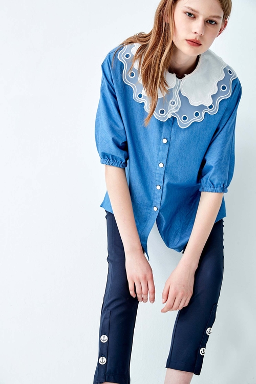 Oversize Blouse With Contrast Collar,healing colors