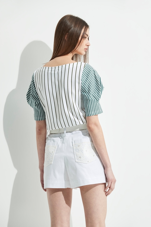 Stripe Top With Origami Sleeve Detail,Stripe