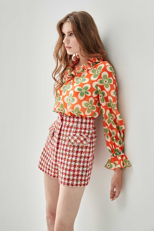 Floral Print Ruffle Collar Top,upperclass