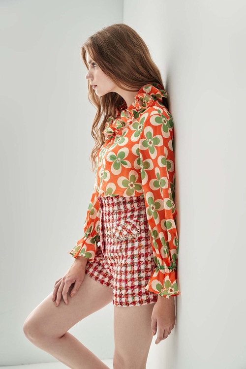 Floral Print Ruffle Collar Top,upperclass