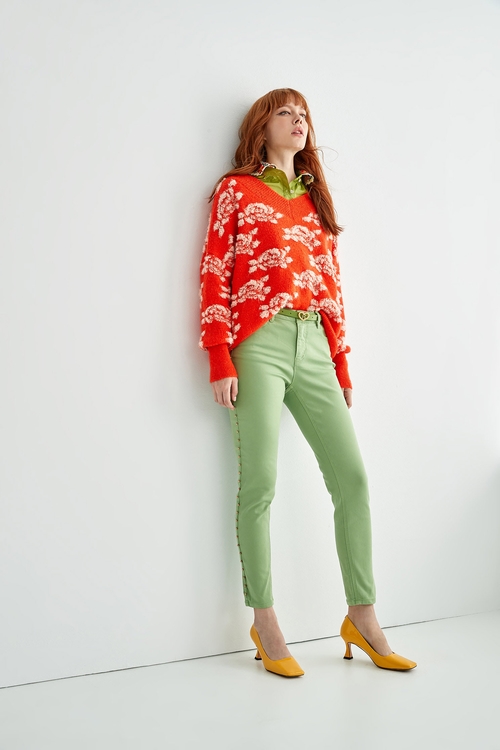 Oversize Orange Knit Top With Contrast Floral Pattern,Lucky Red