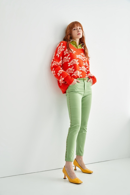 Oversize Orange Knit Top With Contrast Floral Pattern,upperclass