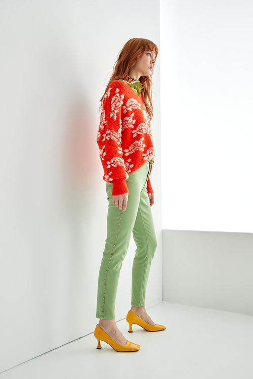 Oversize Orange Knit Top With Contrast Floral Pattern,Lucky Red