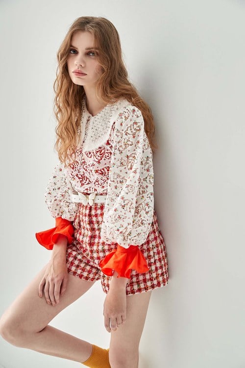 Full Lace Peter Pan Collar Top,Lucky Red