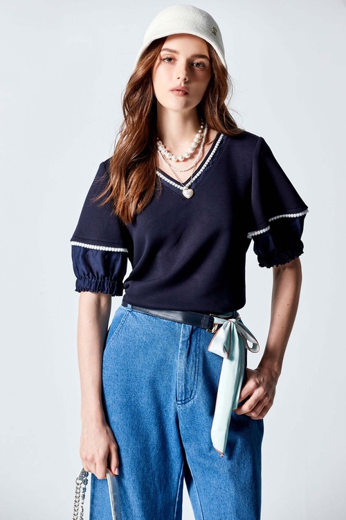 Lantern Sleeve Top With Contrast Trim Detail,Tops