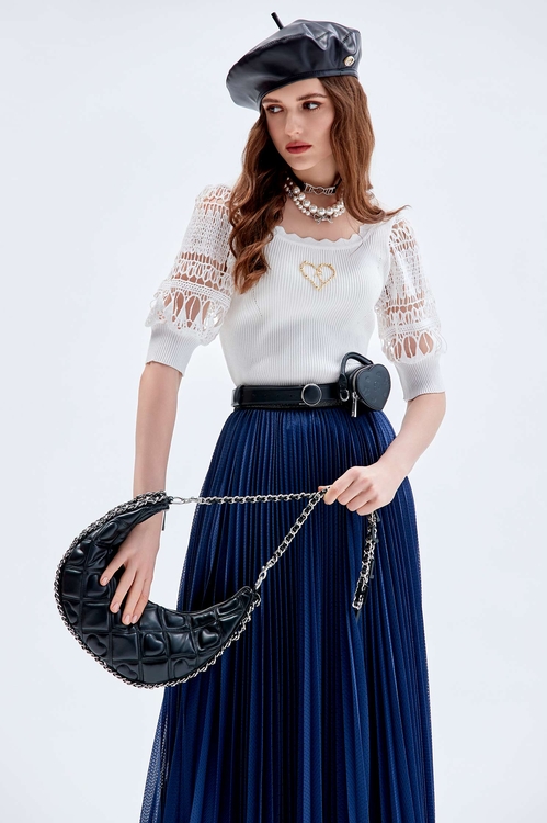 Hollow Out Lace Sleeve Knit Top,Knitted tops