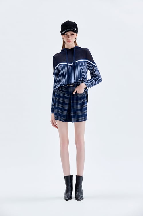 Stripe Hoodie Top With Crochet Mesh Neckline,Stripe