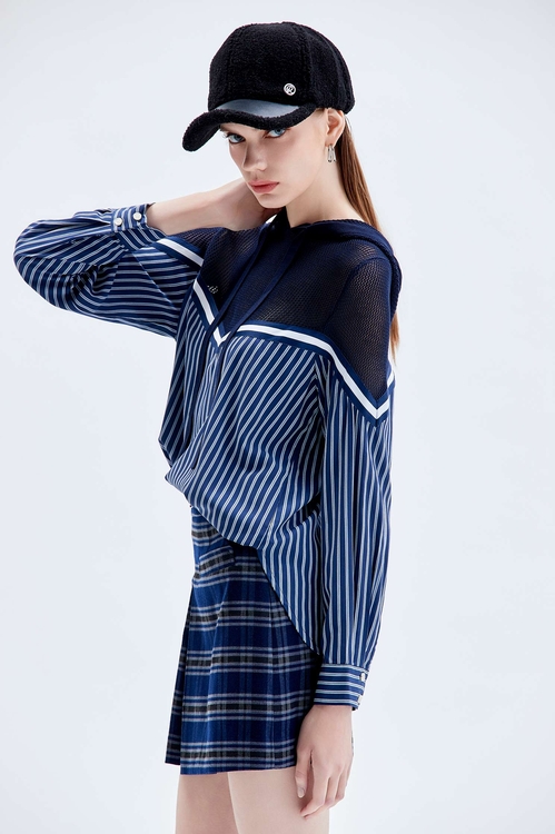 Stripe Hoodie Top With Crochet Mesh Neckline,Stripe