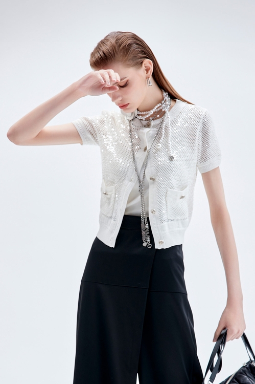 Short Sleeve Sequin Knit Top,Knitted tops