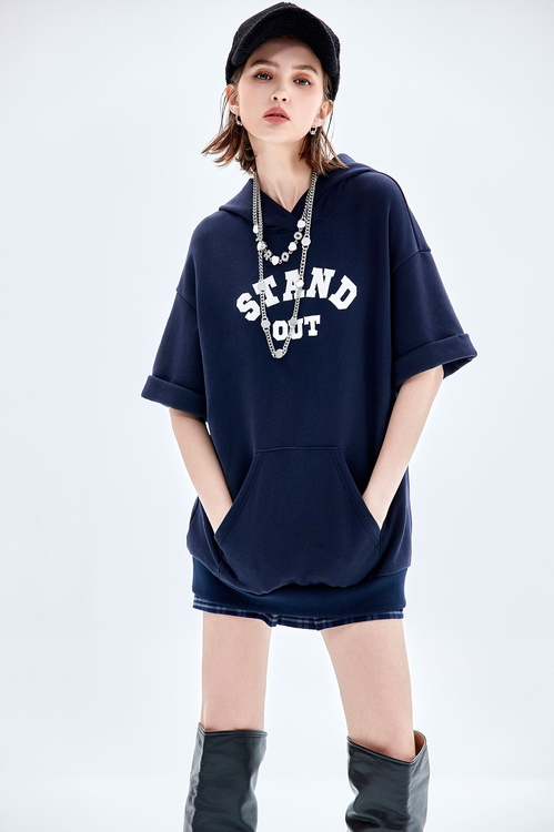 Hoodie Front Slogan Short Sleeve Top,Cotton