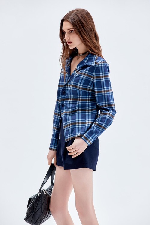 Asymmetric Checkered Blouse,Blouses