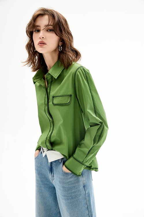 Classic Green Blouse With Contrast Trim Detail,Embroidered,Embroidered