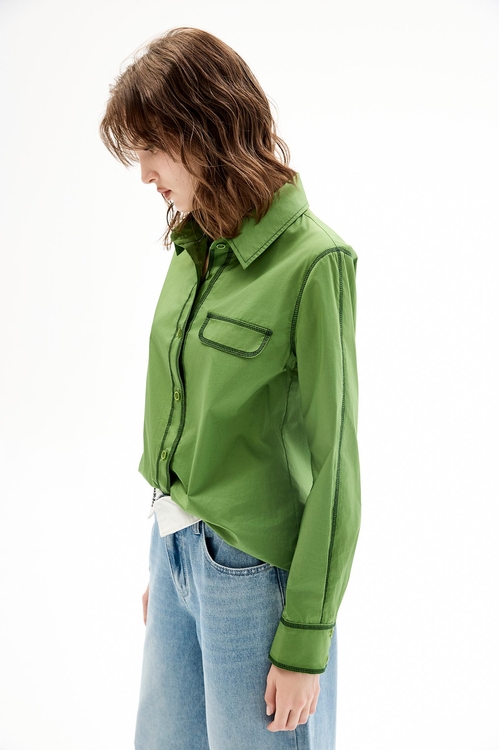 Classic Green Blouse With Contrast Trim Detail,Embroidered,Embroidered