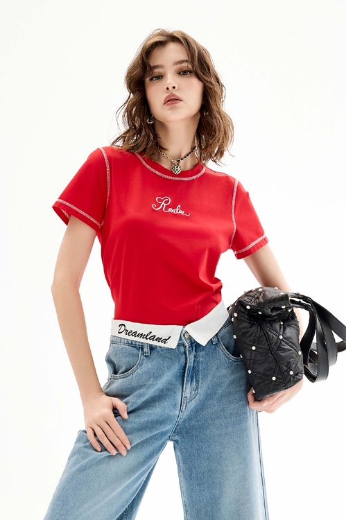 Front Embroidered Slogan Tee With Contrast Stitching Detail,Tops