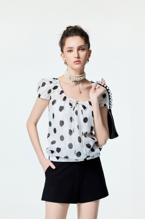 Smudge Polka Dot Print Short Sleeve Top,bows
