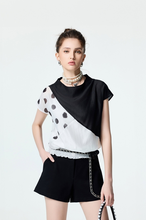 Patchwork Polka Dot Top,Black tops,black tops