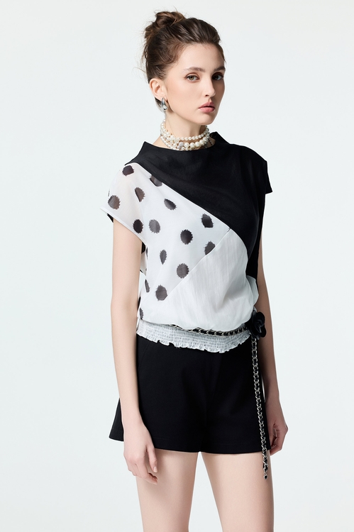 Patchwork Polka Dot Top,Black tops,black tops
