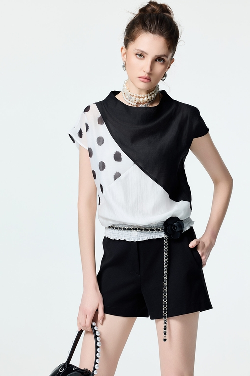 Patchwork Polka Dot Top,Black tops,black tops