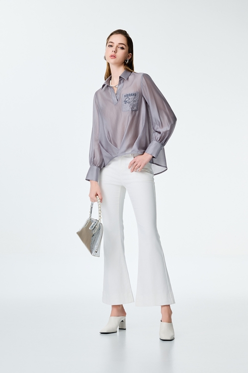 Pocket Embroidery Detail Grey Blouse,Season (SS) Look