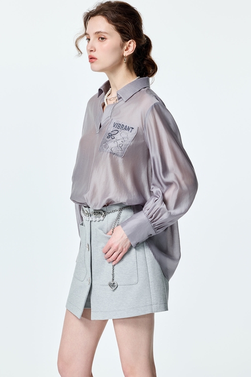 Pocket Embroidery Detail Grey Blouse,Season (SS) Look